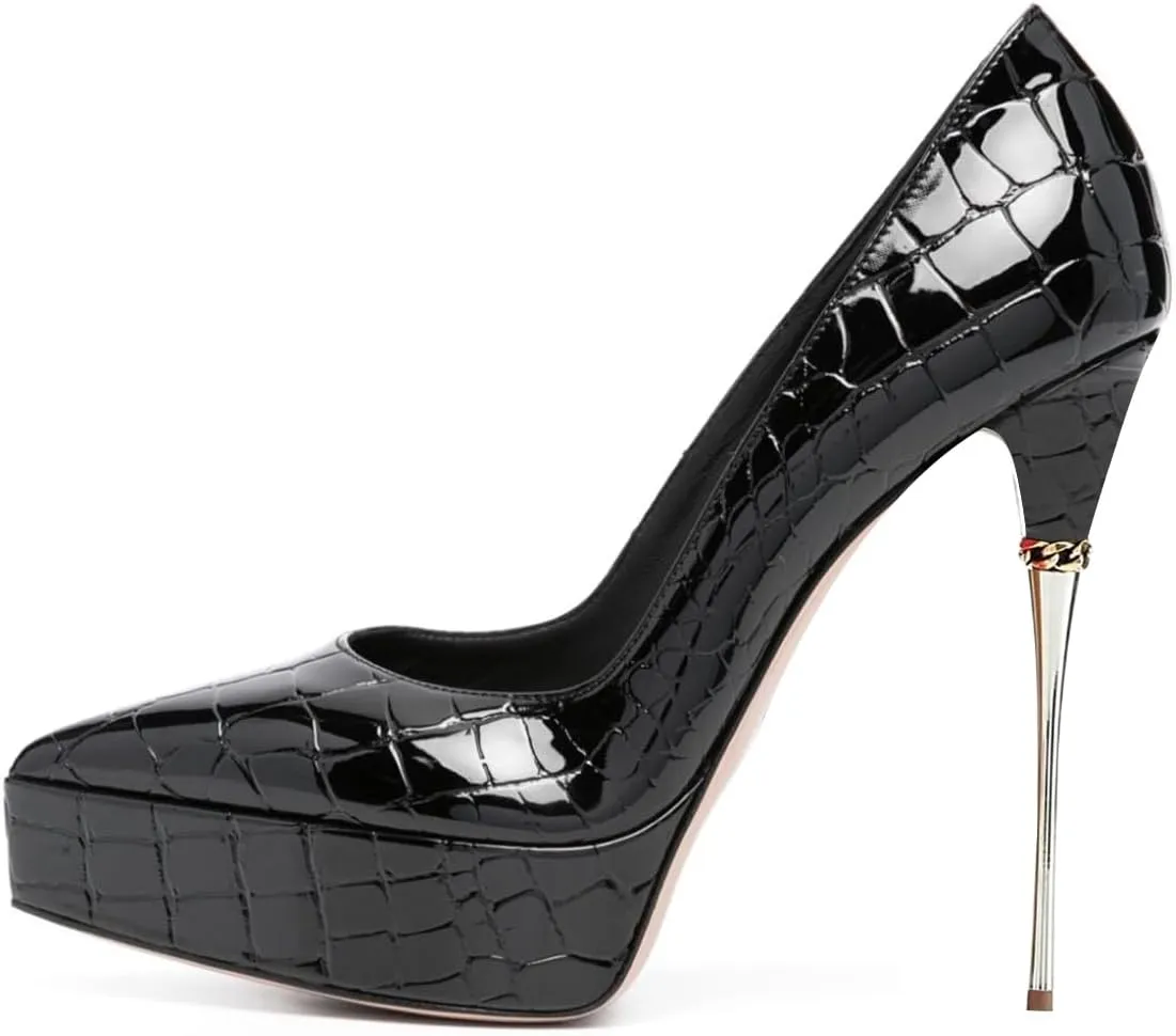 FSJ Women Sexy Platform Pumps Pointed Toe Metal Stiletto Slip On High Heel Stylish Party Wedding Dress Shoes Size 4-16 US