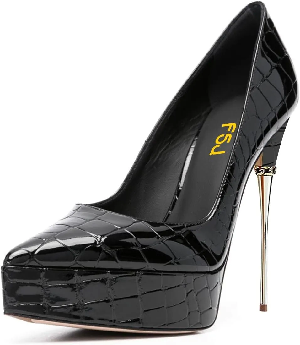 FSJ Women Sexy Platform Pumps Pointed Toe Metal Stiletto Slip On High Heel Stylish Party Wedding Dress Shoes Size 4-16 US