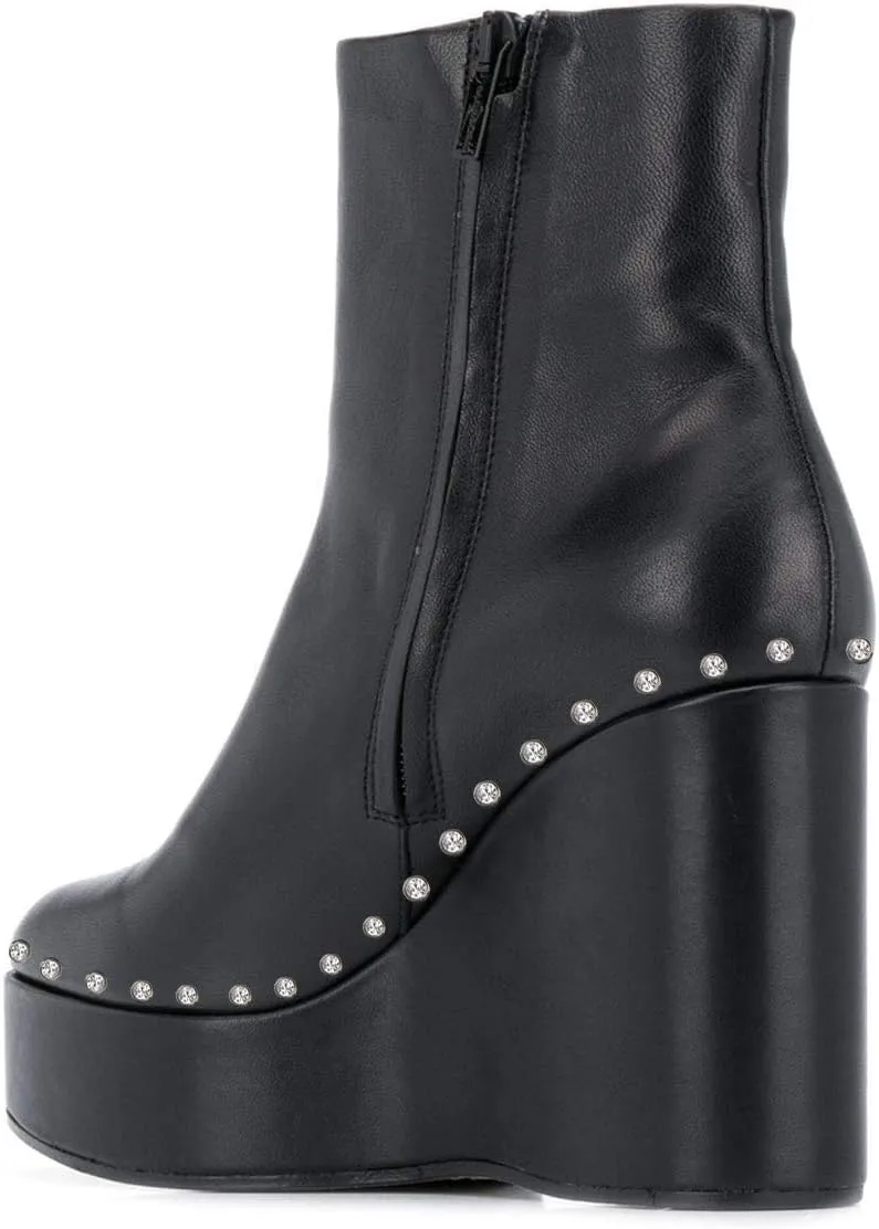 FSJ Women Stylish Studded Rhinestones Ankle Booties Platform Wedge High Heels Closed Toe Short Boots With Side Zipper Ladies Dress Party Shoes Size 4-15 US