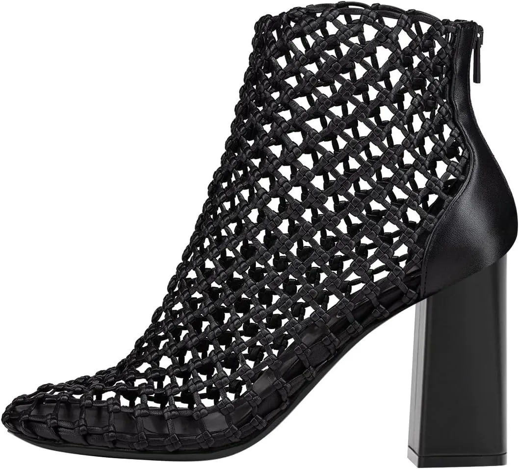 FSJ Women Woven Ankle Boots Chunky Block Heels Back Zip Comfortable Heeled Sandals Chic Booties Casual Party Wear Shoes Size 4-16 US