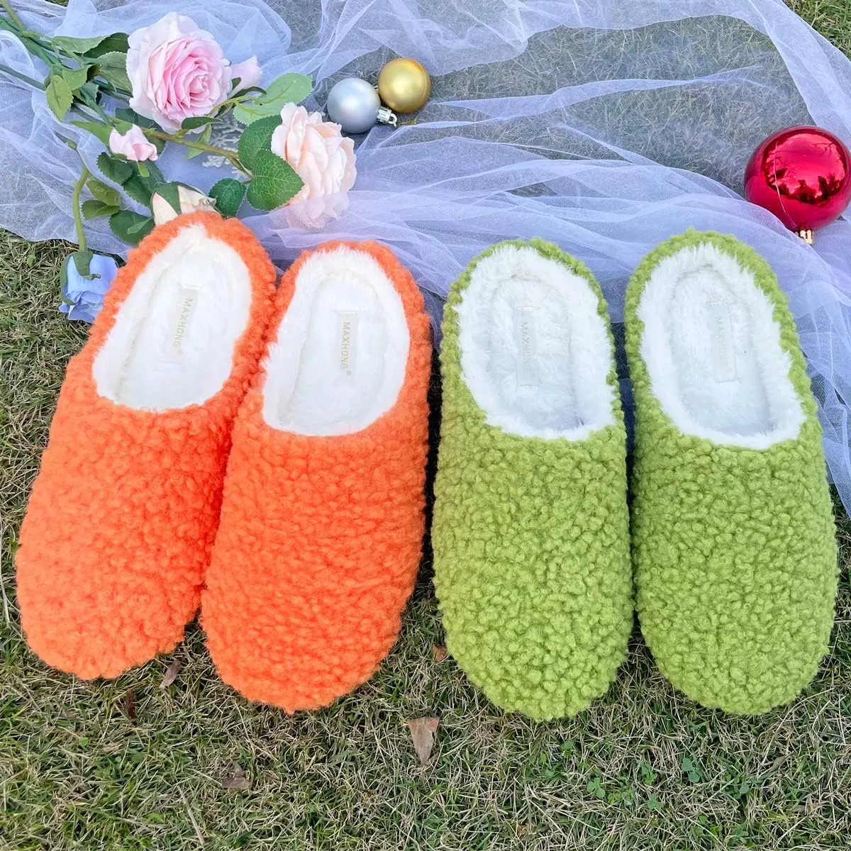 Fuzzy Curly House Slippers for Women With Memory Foam, Winter Cozy Lightweight Washable Ladies Slippers for Indoor Rubber Sole Slip on