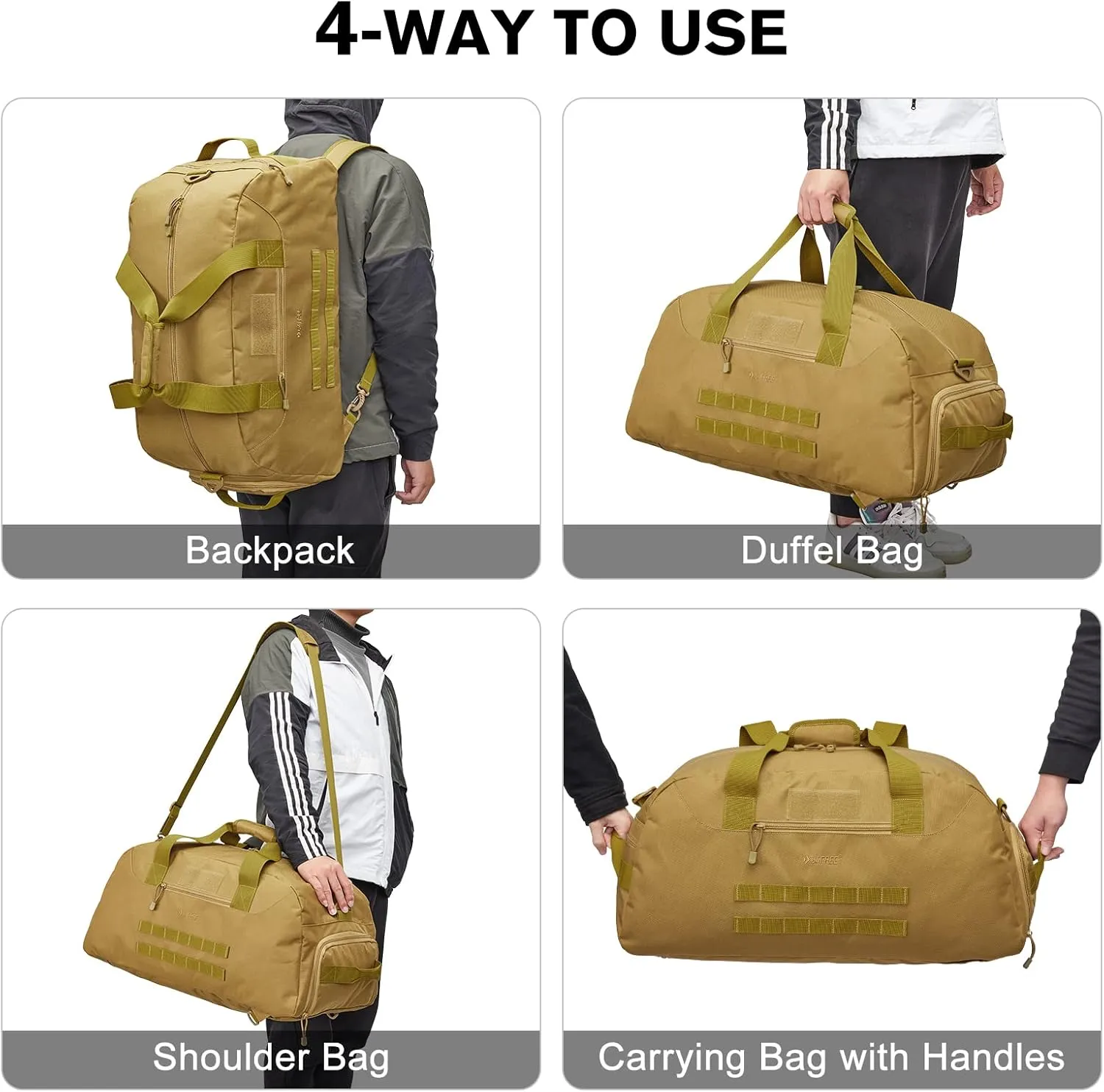 G4Free 70L Large Tactical Duffle Bag Men Sports Gym Backpack with Shoes Compartment Military MOLLE Duffel Backpack (Brown)