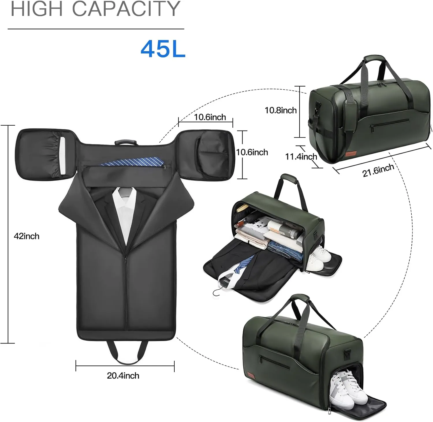 Garment Duffle Bags for Travel,Moulyan Convertible Garment Bag with Shoe Compartment,3 in 1 Waterproof Travel Suit Bag with Shoulder Strap for Men Women