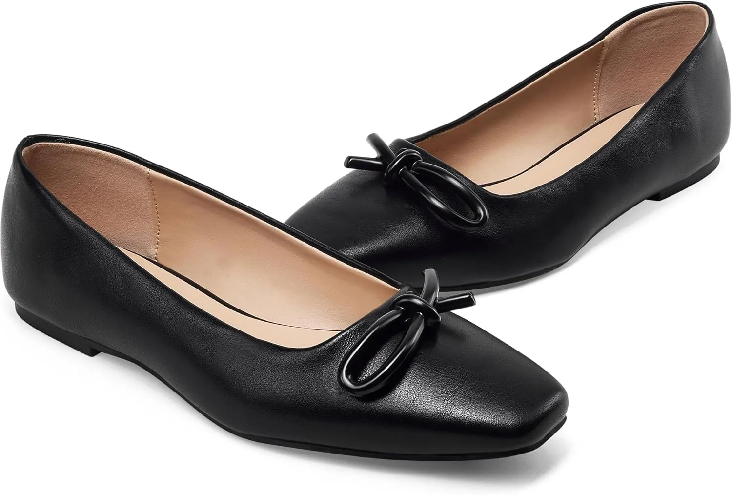 GENSHUO Women’s Square Toe Flats Metal Bow Slip On Ballet Flats Comfort Low Heel Shoes Classic and Chic