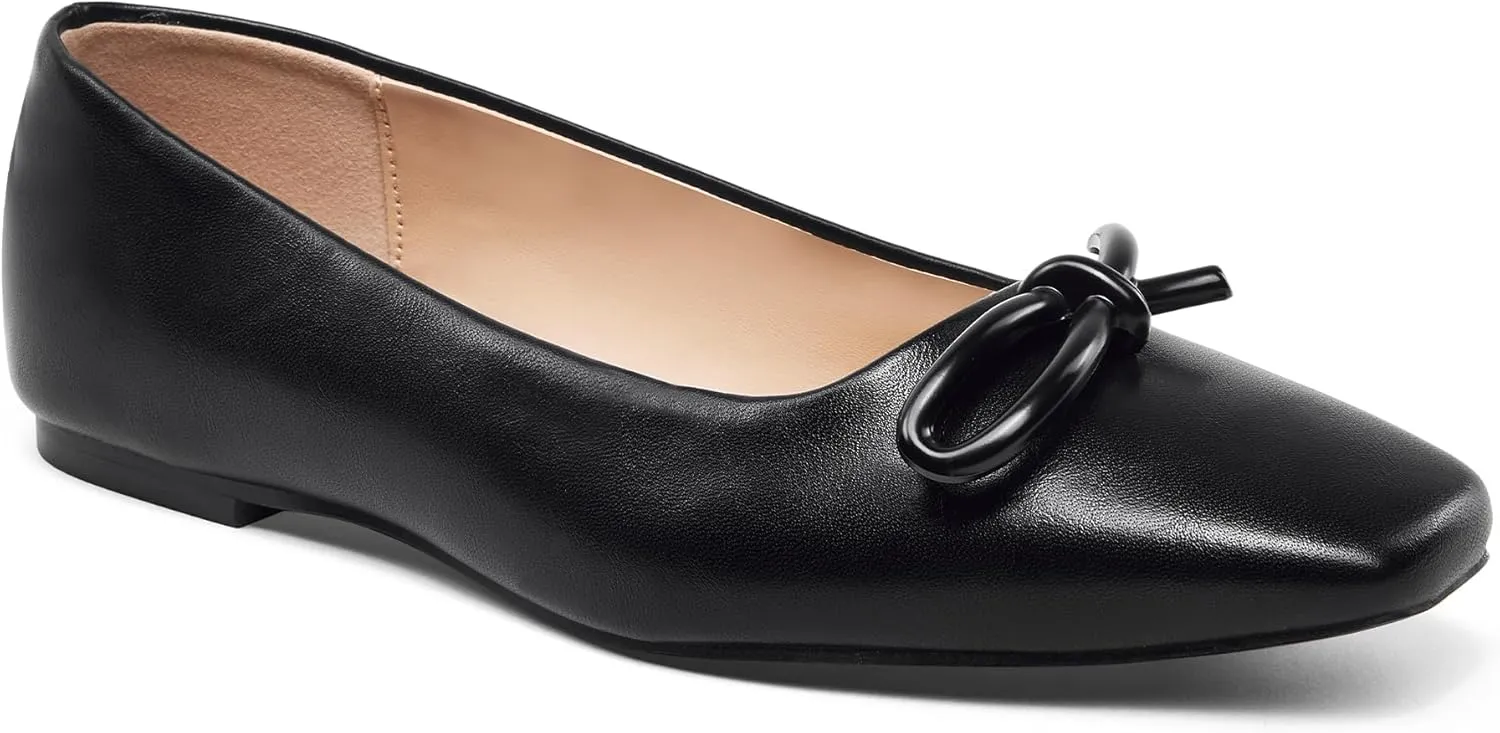 GENSHUO Women’s Square Toe Flats Metal Bow Slip On Ballet Flats Comfort Low Heel Shoes Classic and Chic