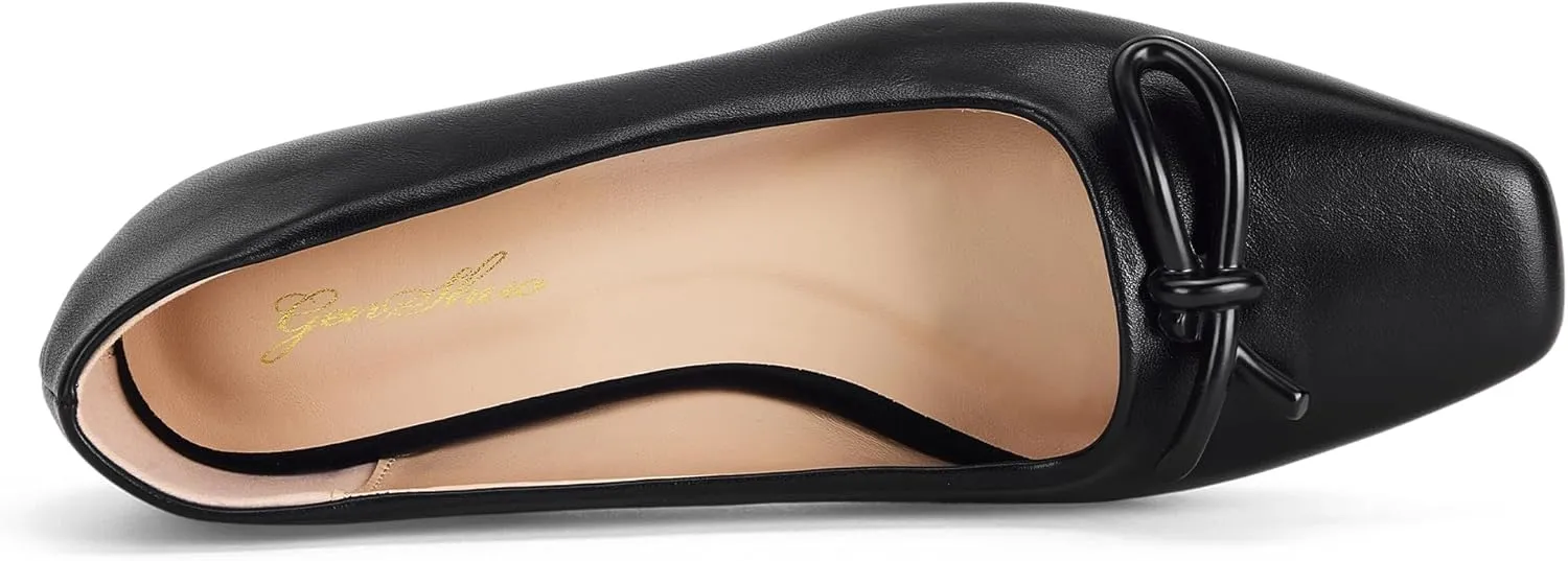 GENSHUO Women’s Square Toe Flats Metal Bow Slip On Ballet Flats Comfort Low Heel Shoes Classic and Chic