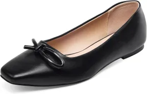 GENSHUO Women’s Square Toe Flats Metal Bow Slip On Ballet Flats Comfort Low Heel Shoes Classic and Chic
