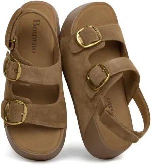 Genuine Leather Platform Sandals Women Slip-on Beach Sandals Slide Buckle Comfortable with Ankle Strap Soft Lining and Open Toe Low Wedges
