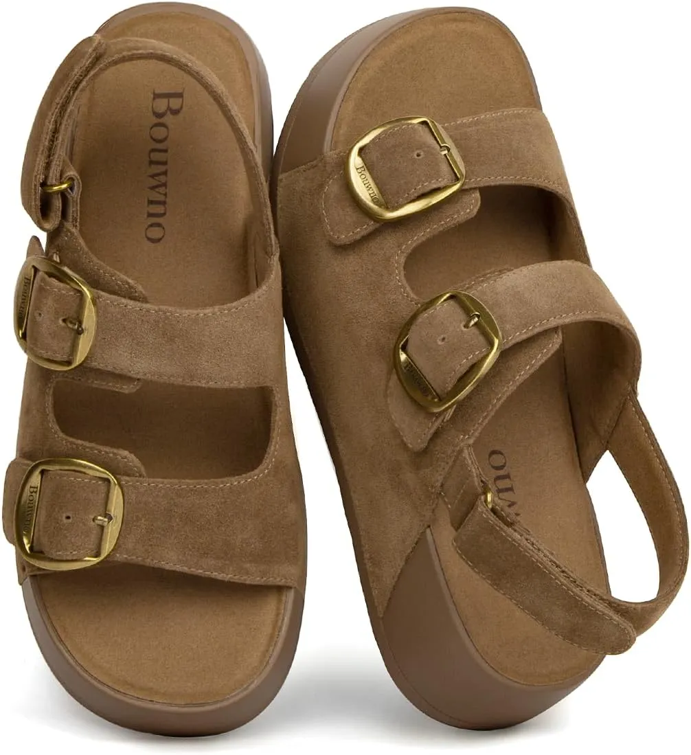 Genuine Leather Platform Sandals Women Slip-on Beach Sandals Slide Buckle Comfortable with Ankle Strap Soft Lining and Open Toe Low Wedges