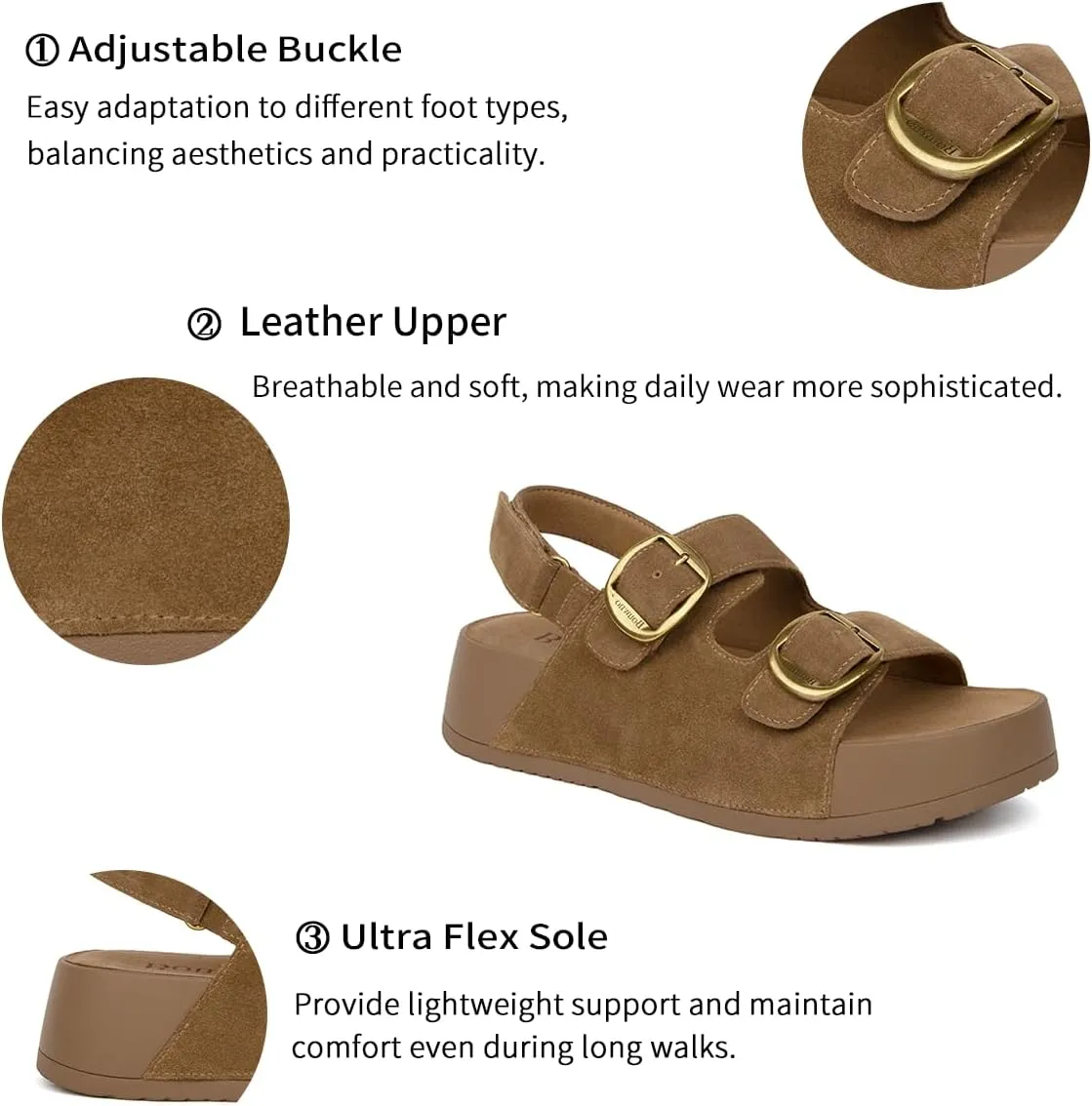 Genuine Leather Platform Sandals Women Slip-on Beach Sandals Slide Buckle Comfortable with Ankle Strap Soft Lining and Open Toe Low Wedges