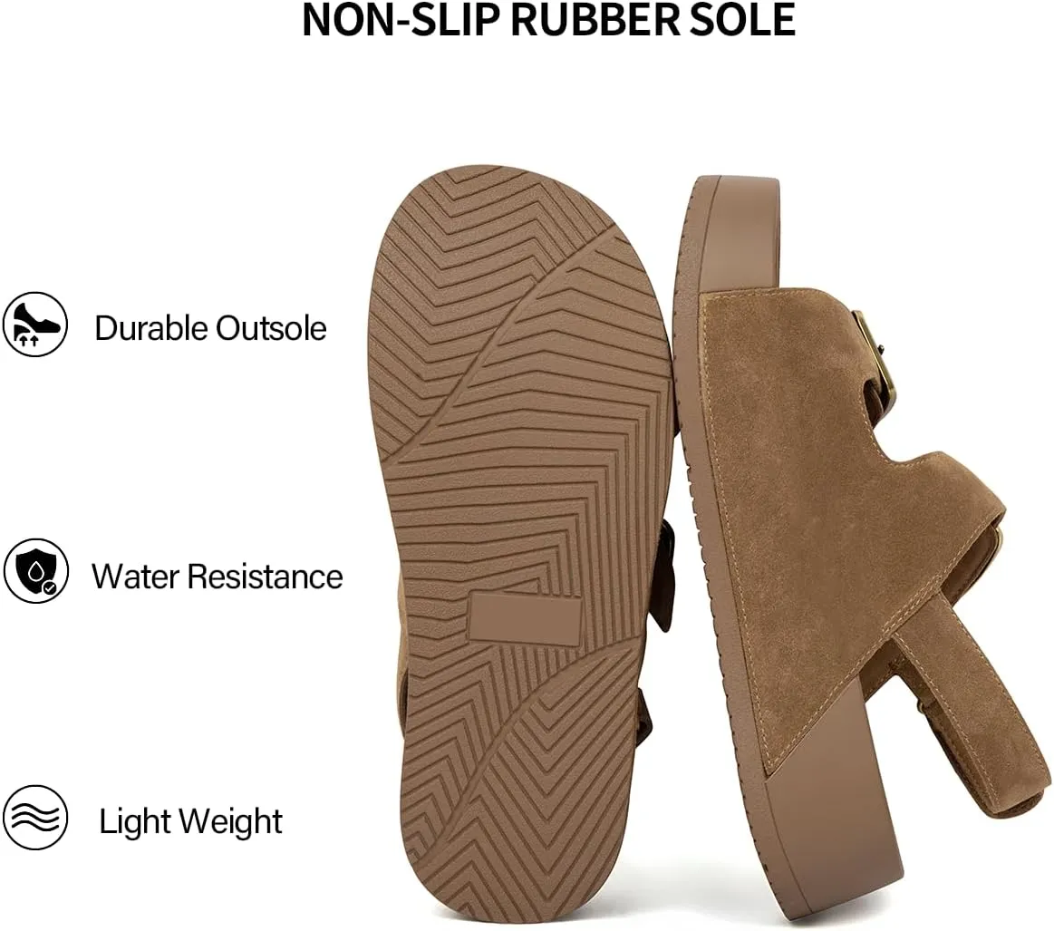 Genuine Leather Platform Sandals Women Slip-on Beach Sandals Slide Buckle Comfortable with Ankle Strap Soft Lining and Open Toe Low Wedges