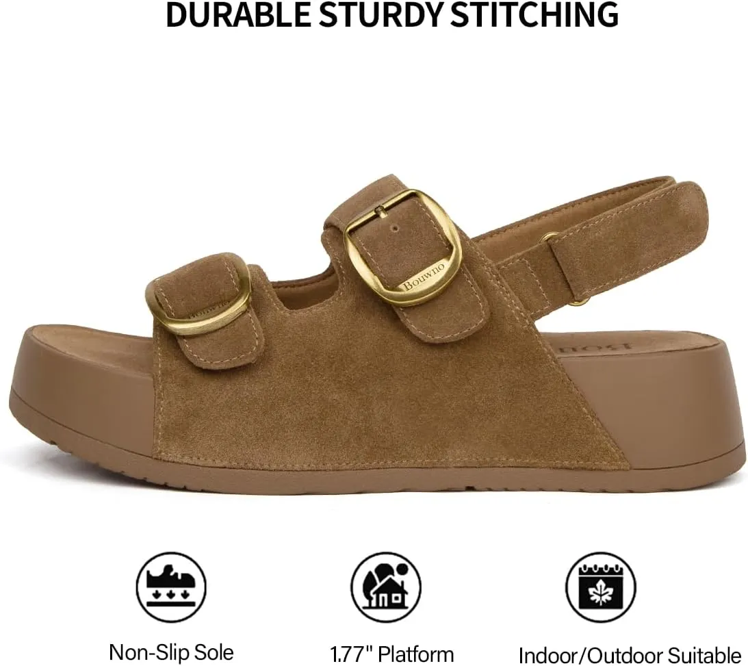 Genuine Leather Platform Sandals Women Slip-on Beach Sandals Slide Buckle Comfortable with Ankle Strap Soft Lining and Open Toe Low Wedges