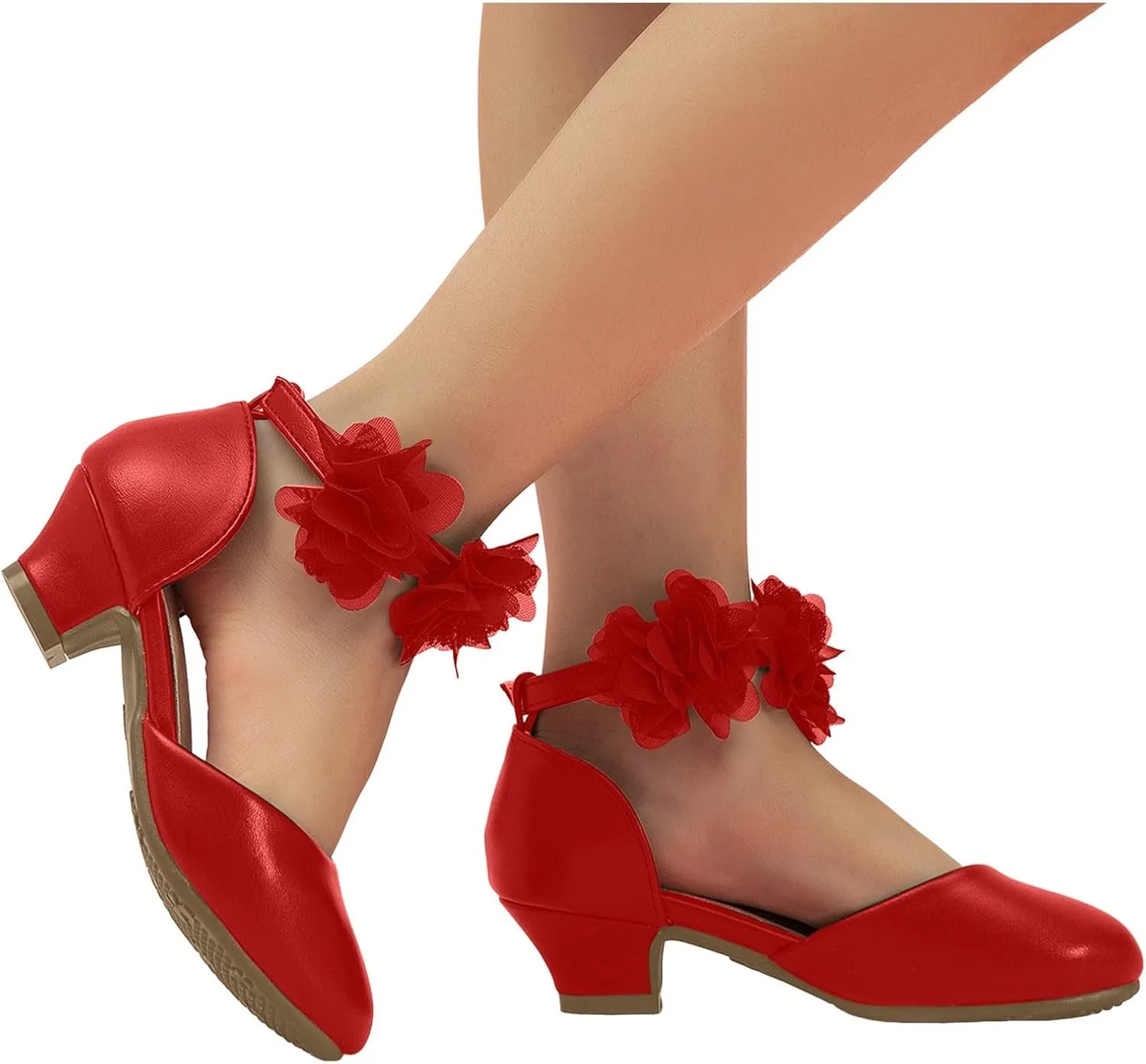 Girls Dress Shoes Little Girls Mary Jane Ballerina Wedges with Flower Low Heel Dance Shoes for Girl with Adjustable Ankle Strap White Wedding Birthday Party Shoe for Big Kids