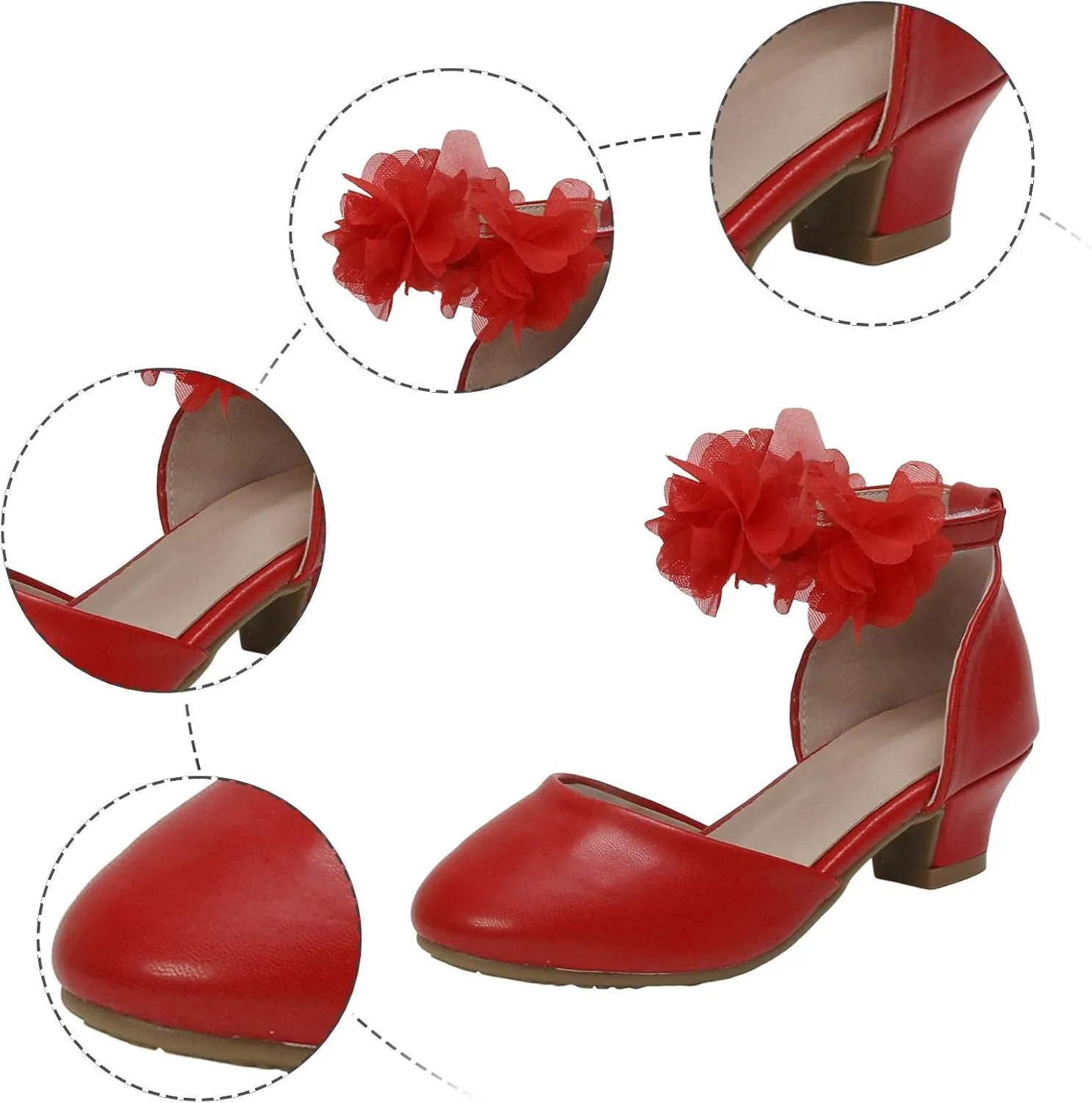 Girls Dress Shoes Little Girls Mary Jane Ballerina Wedges with Flower Low Heel Dance Shoes for Girl with Adjustable Ankle Strap White Wedding Birthday Party Shoe for Big Kids