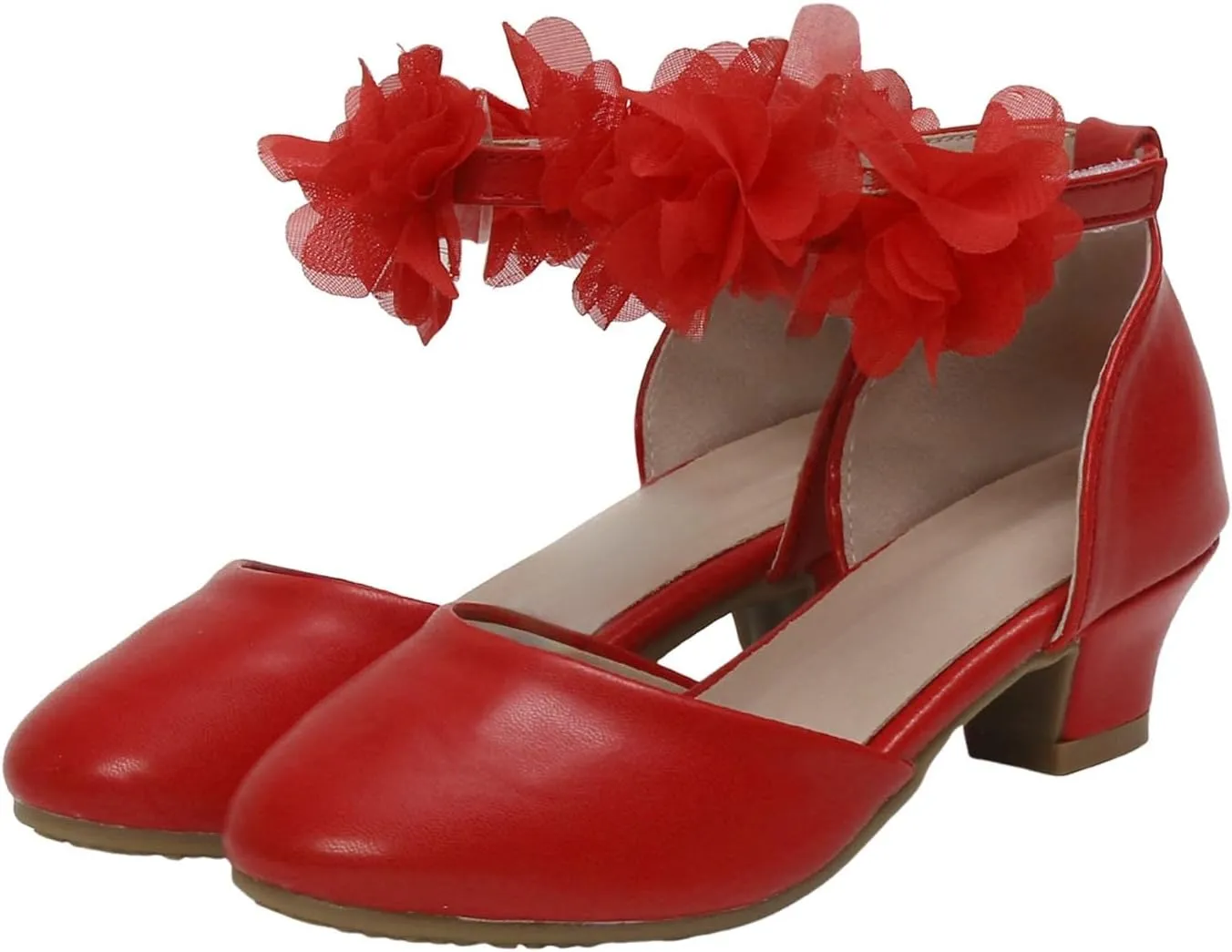 Girls Dress Shoes Little Girls Mary Jane Ballerina Wedges with Flower Low Heel Dance Shoes for Girl with Adjustable Ankle Strap White Wedding Birthday Party Shoe for Big Kids