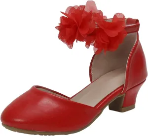 Girls Dress Shoes Little Girls Mary Jane Ballerina Wedges with Flower Low Heel Dance Shoes for Girl with Adjustable Ankle Strap White Wedding Birthday Party Shoe for Big Kids