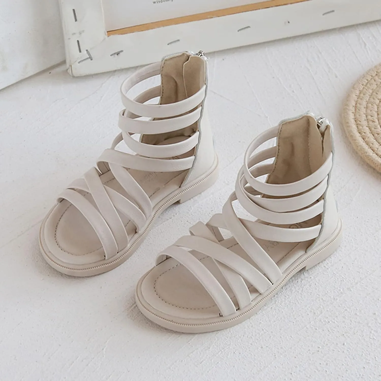 Girls Kids Rubber Sole Ankle Gl𝐚diator Sandals Breathable Cool Slip On Soft Summer Shoes Baby Toddler Light Comfy Shoes