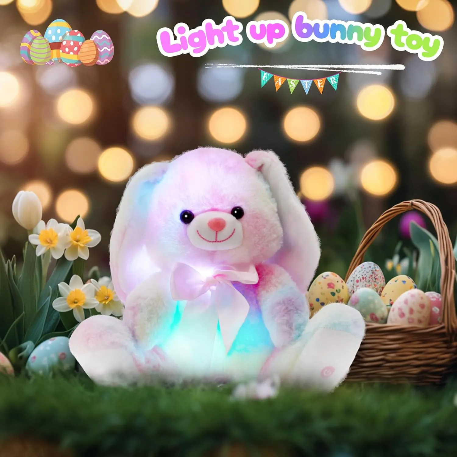 Glow Guards 10'' Easter Light up Musical Bunny Stuffed Animal Rainbow Lop Eared Rabbit Glowing Singing Plush Toy Lullaby Bed Night Light Birthday for Toddler Kids