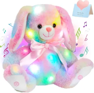 Glow Guards 10'' Easter Light up Musical Bunny Stuffed Animal Rainbow Lop Eared Rabbit Glowing Singing Plush Toy Lullaby Bed Night Light Birthday for Toddler Kids