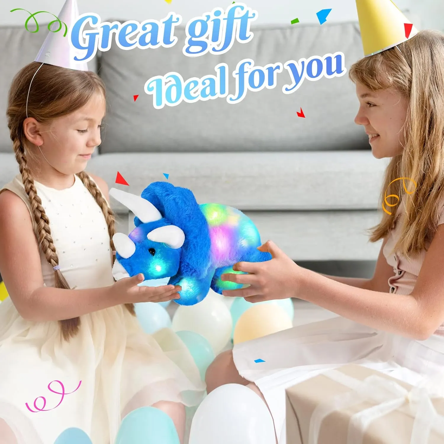 Glow Guards 16'' Light up Triceratops Dinosaur Stuffed Animal,LED Soft Dinosaur Plush Toy with Magic Night Lights&Lullaby,Birthday Children's Day for Toddler Kids