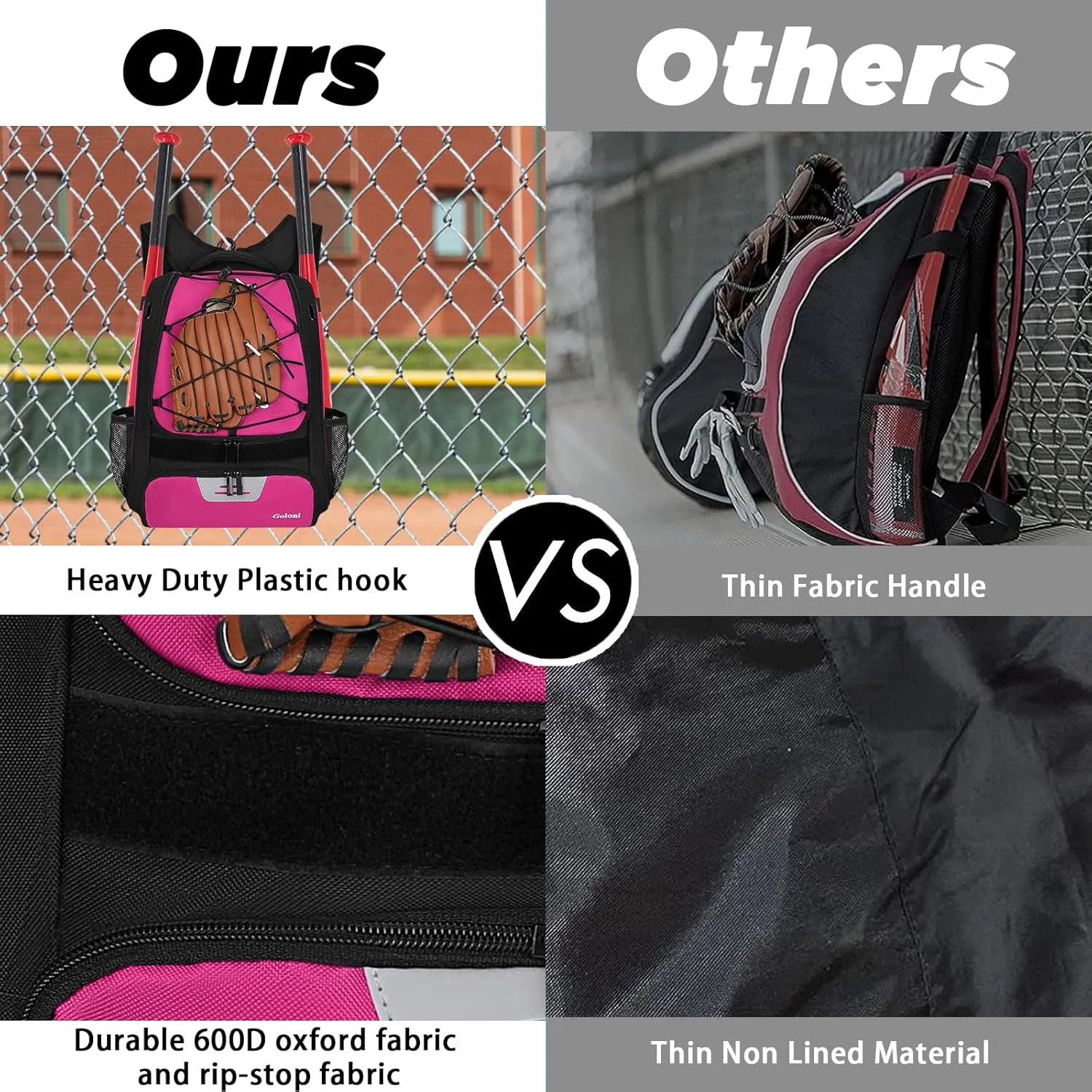 Goloni Baseball Bag,Backpack for Baseball, T-Ball & Softball Equipment & Gear,Softball Bag with Shoe Compartment,Fence Hook
