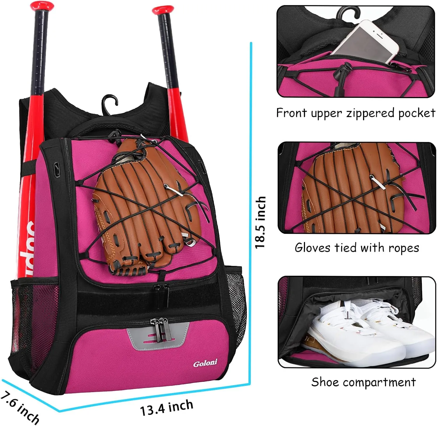 Goloni Baseball Bag,Backpack for Baseball, T-Ball & Softball Equipment & Gear,Softball Bag with Shoe Compartment,Fence Hook