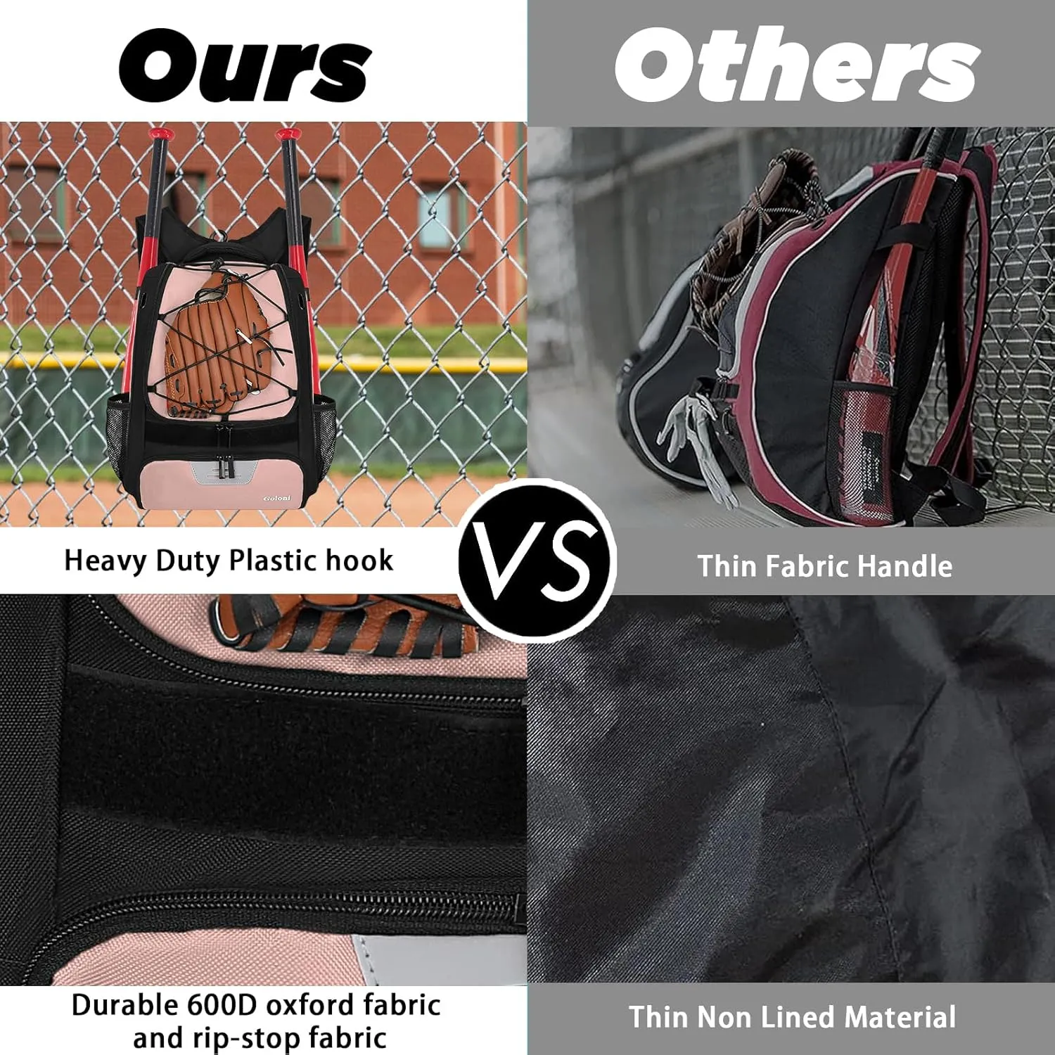 Goloni Baseball Bag,Backpack for Baseball, T-Ball & Softball Equipment & Gear,Softball Bag with Shoe Compartment,Fence Hook