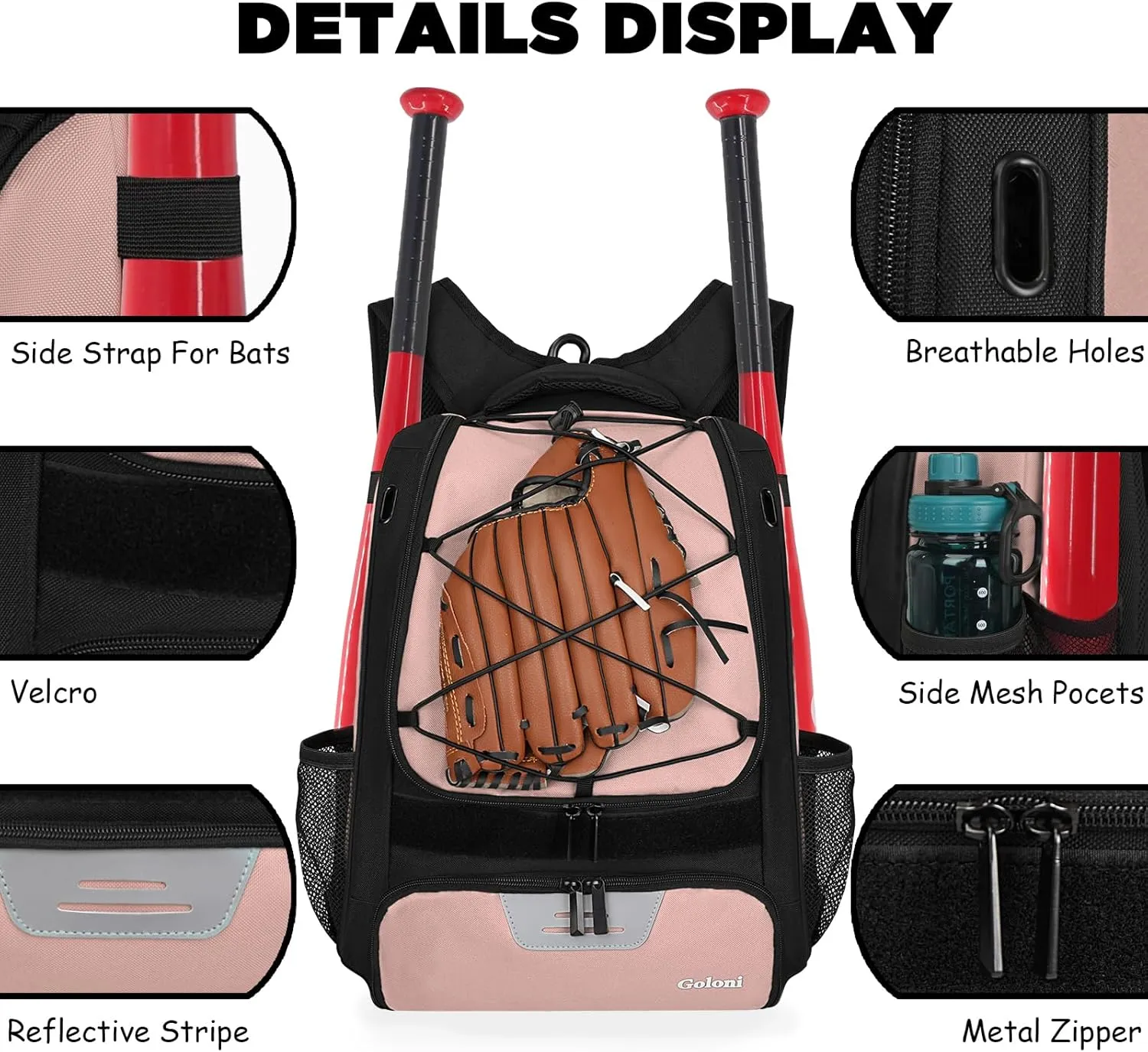Goloni Baseball Bag,Backpack for Baseball, T-Ball & Softball Equipment & Gear,Softball Bag with Shoe Compartment,Fence Hook