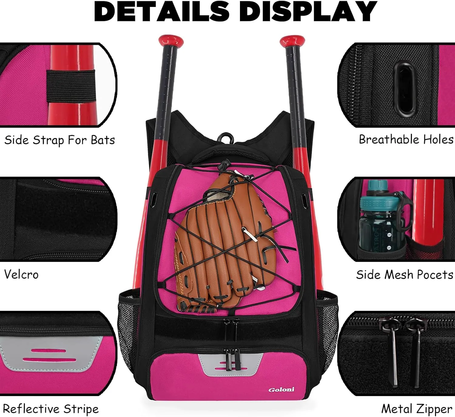 Goloni Baseball Bag,Backpack for Baseball, T-Ball & Softball Equipment & Gear,Softball Bag with Shoe Compartment,Fence Hook