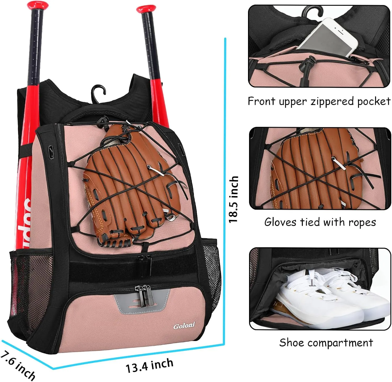Goloni Baseball Bag,Backpack for Baseball, T-Ball & Softball Equipment & Gear,Softball Bag with Shoe Compartment,Fence Hook