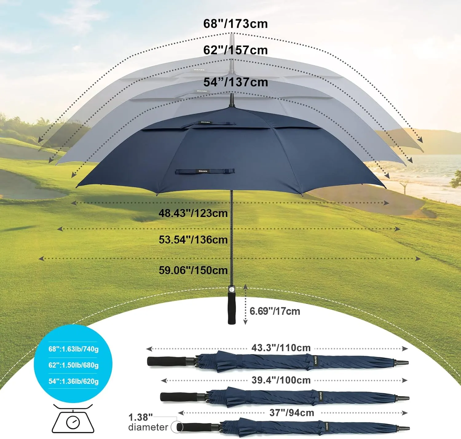 Gonex 54/62/68/72/80 Inch Extra Large Golf Umbrella, Automatic Open Travel Rain Umbrella with Windproof Water Resistant Double Canopy, Oversize Vented Umbrellas for 2-3 Men and UV Protection, Multiple Colors