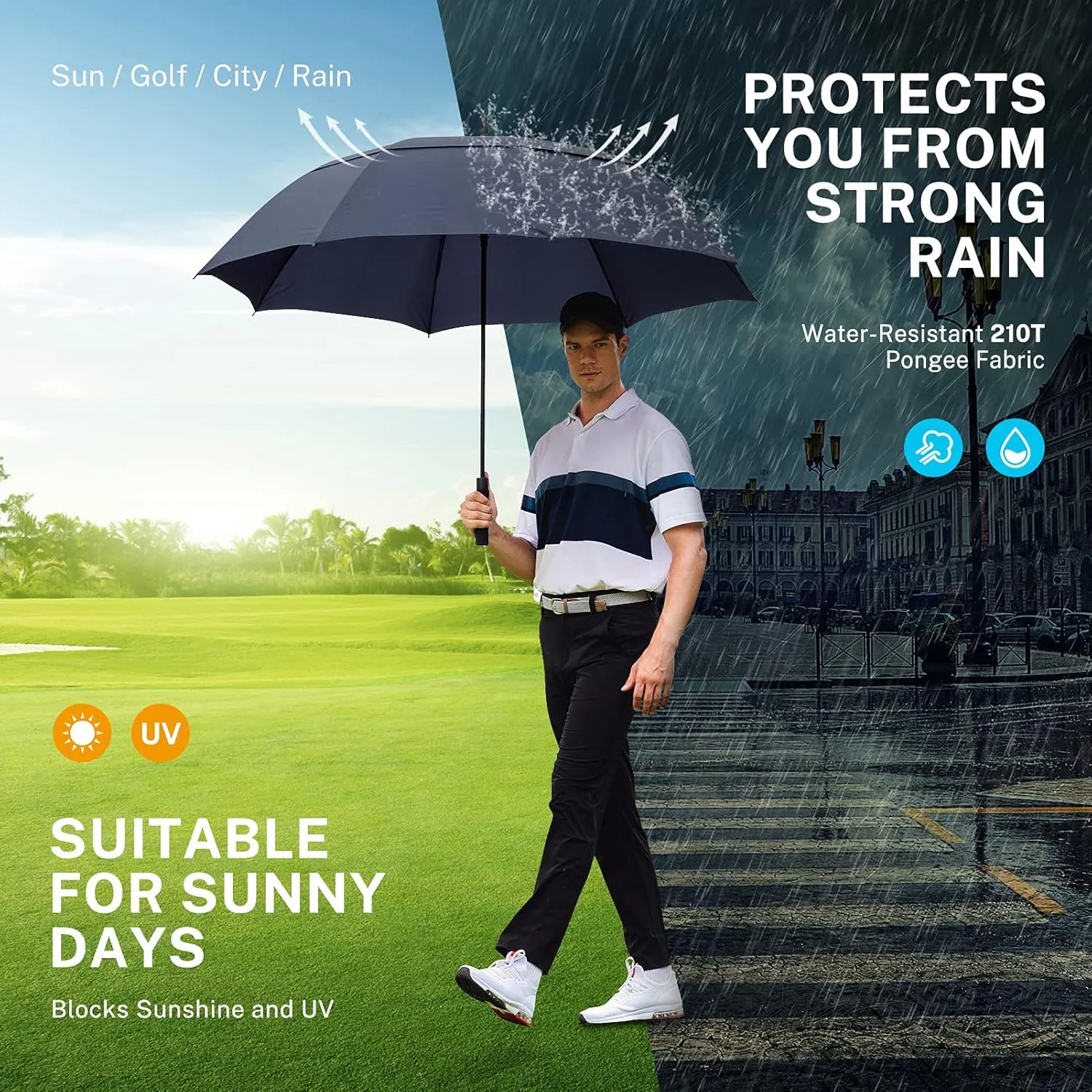 Gonex 54/62/68/72/80 Inch Extra Large Golf Umbrella, Automatic Open Travel Rain Umbrella with Windproof Water Resistant Double Canopy, Oversize Vented Umbrellas for 2-3 Men and UV Protection, Multiple Colors