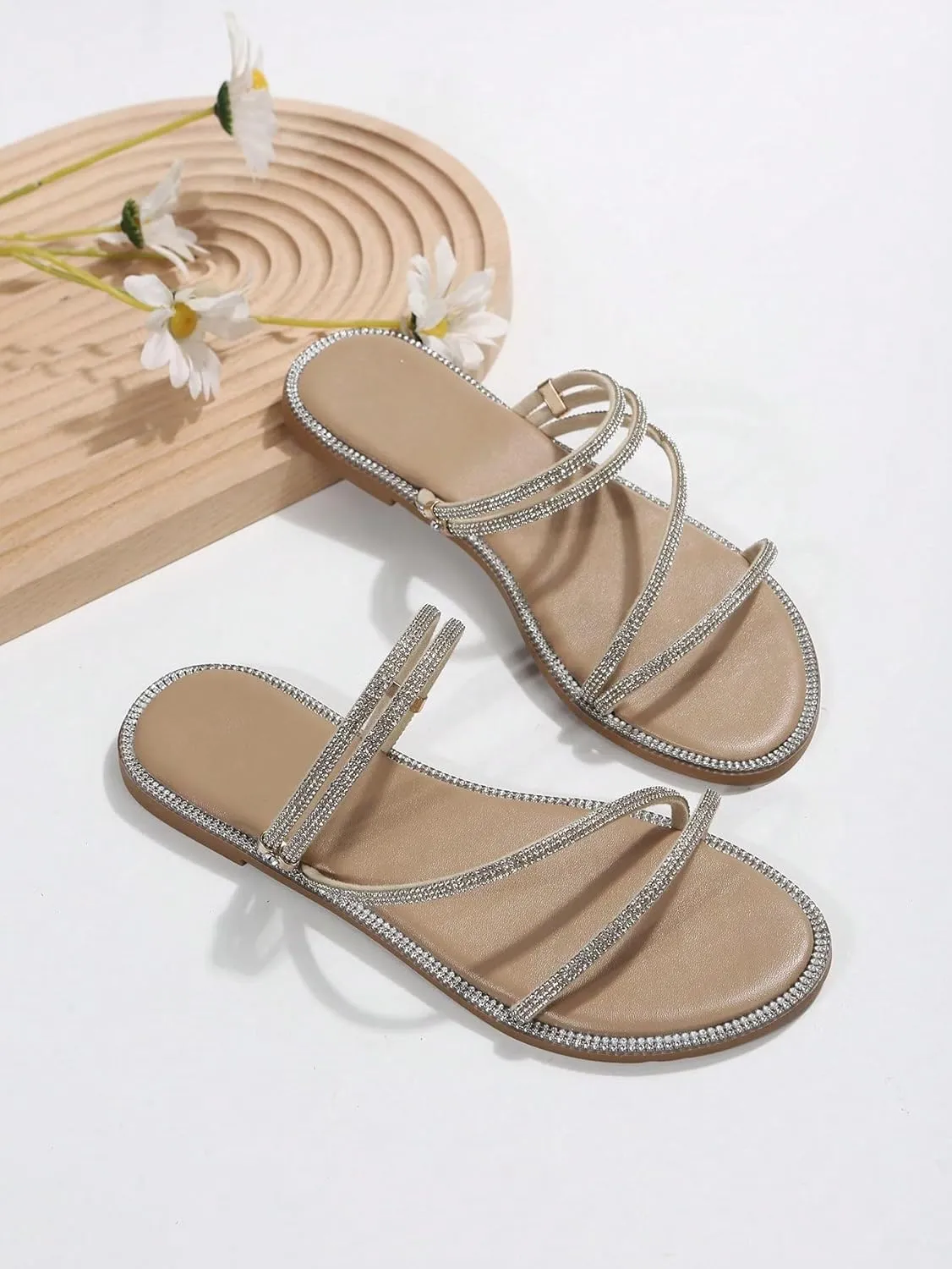 GORGLITTER Glitter Sandals Sparkly Flat Sandals Rhinestone Open Toe Slide Dressy Shoes