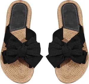 GORGLITTER Women's Boho Bow Flat Sandals Cut Out Open Toe Slip on Summer Slide Sandal