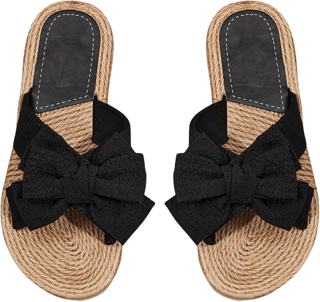 GORGLITTER Women's Boho Bow Flat Sandals Cut Out Open Toe Slip on Summer Slide Sandal