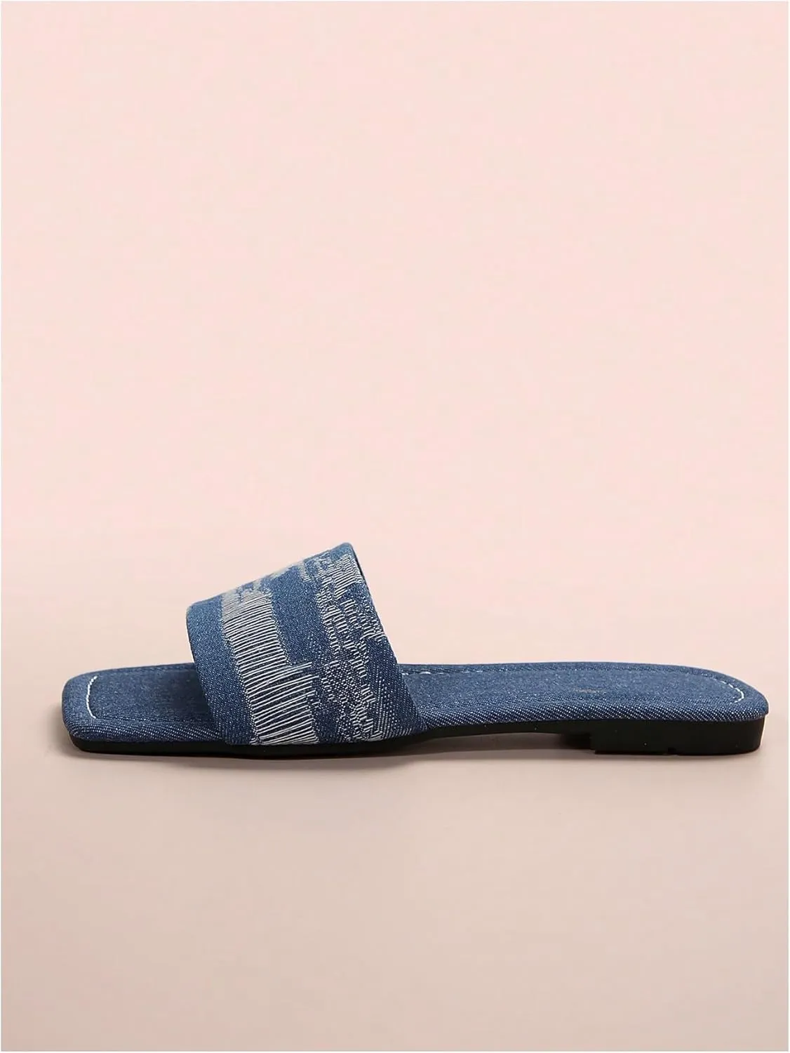 GORGLITTER Women's Denim Flat Sandals Raw Trim Jean Sandals Fashion Checkered Pattern Slide Sandals