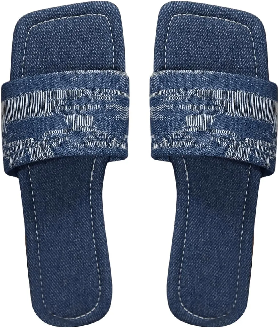GORGLITTER Women's Denim Flat Sandals Raw Trim Jean Sandals Fashion Checkered Pattern Slide Sandals