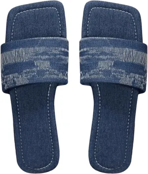 GORGLITTER Women's Denim Flat Sandals Raw Trim Jean Sandals Fashion Checkered Pattern Slide Sandals