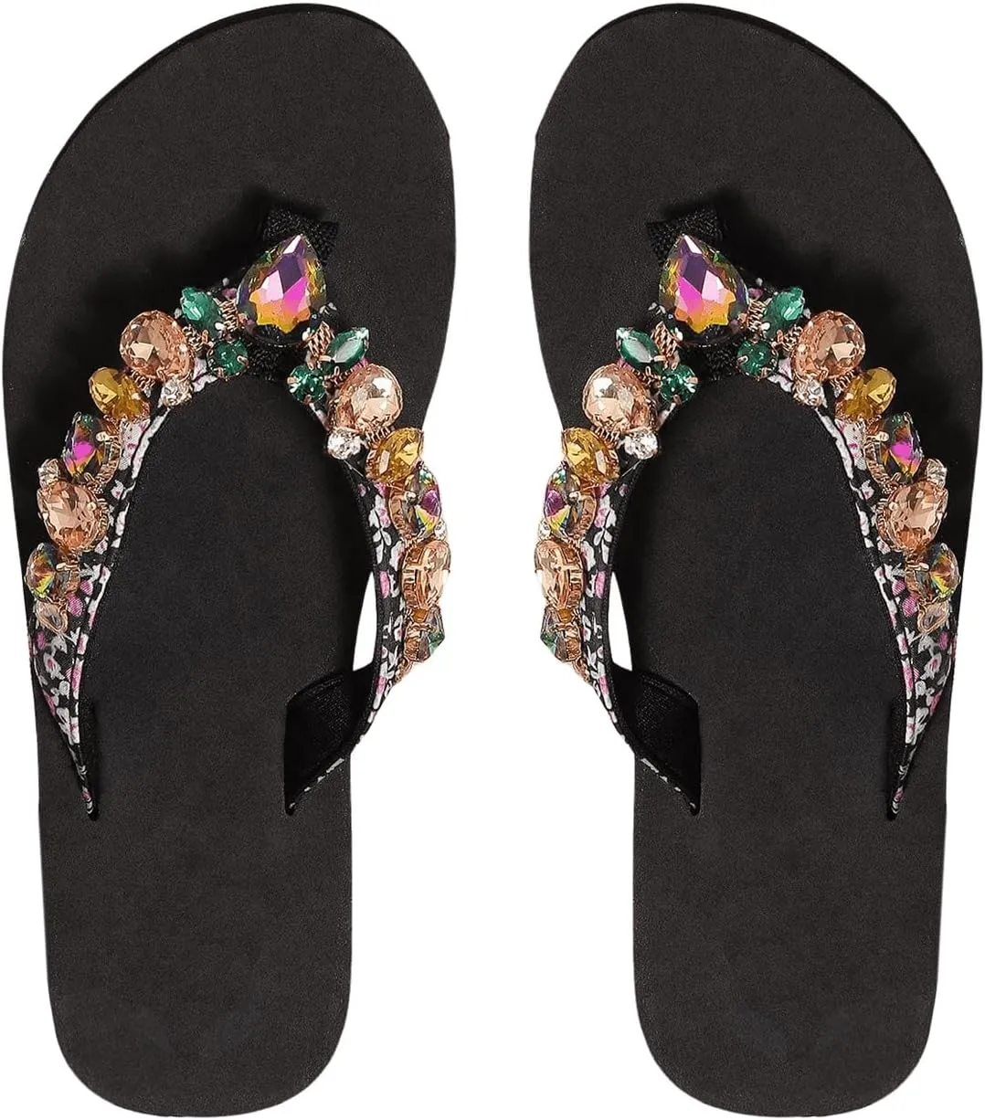 GORGLITTER Women's Floral Print Sandals Flip Flops Beach Sandals Flats Toe Post Slip On Slide