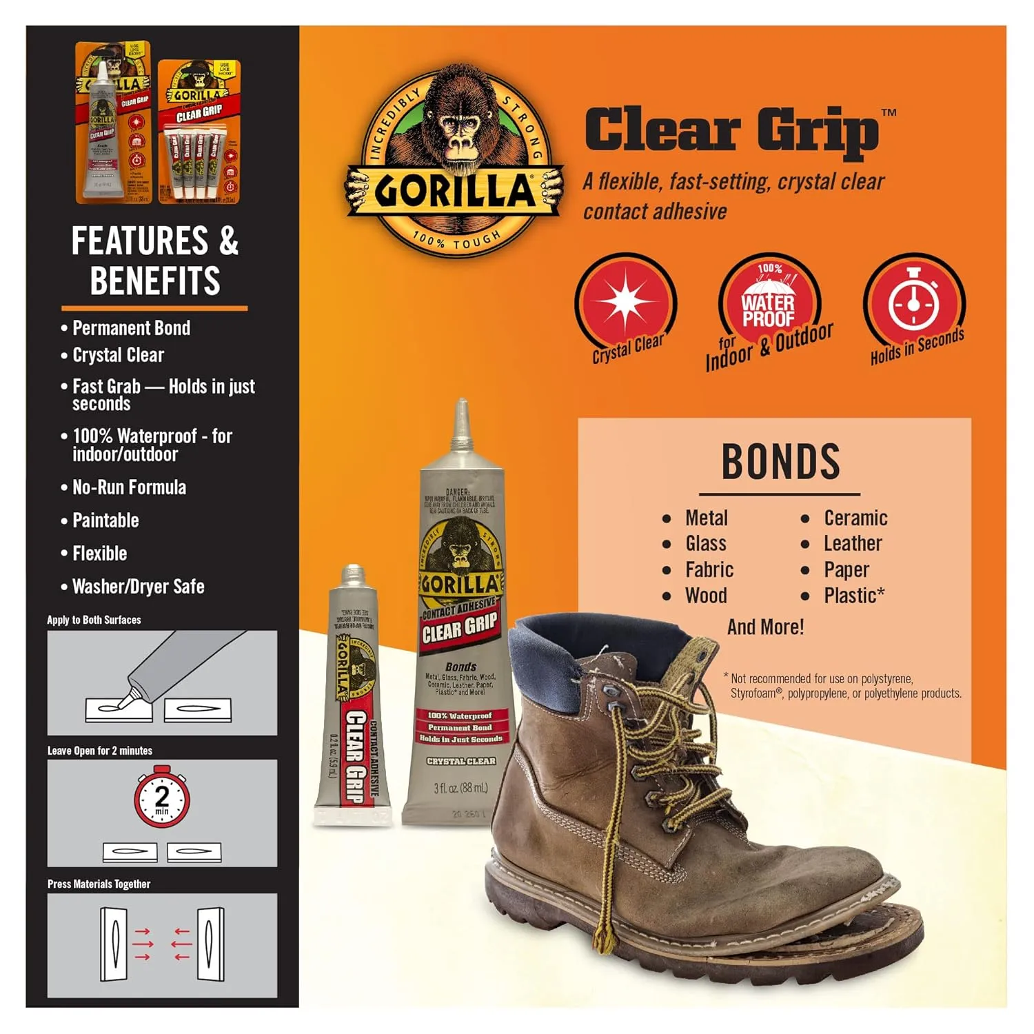 Gorilla Clear Grip - Fast Setting Contact Adhesive - Waterproof, Paintable Clear Glue for Indoor or Outdoor Application - Heavy Duty Shoe Repair Glue for Leather, Ceramics, Wood - 88ml/3oz (Pack of 1)