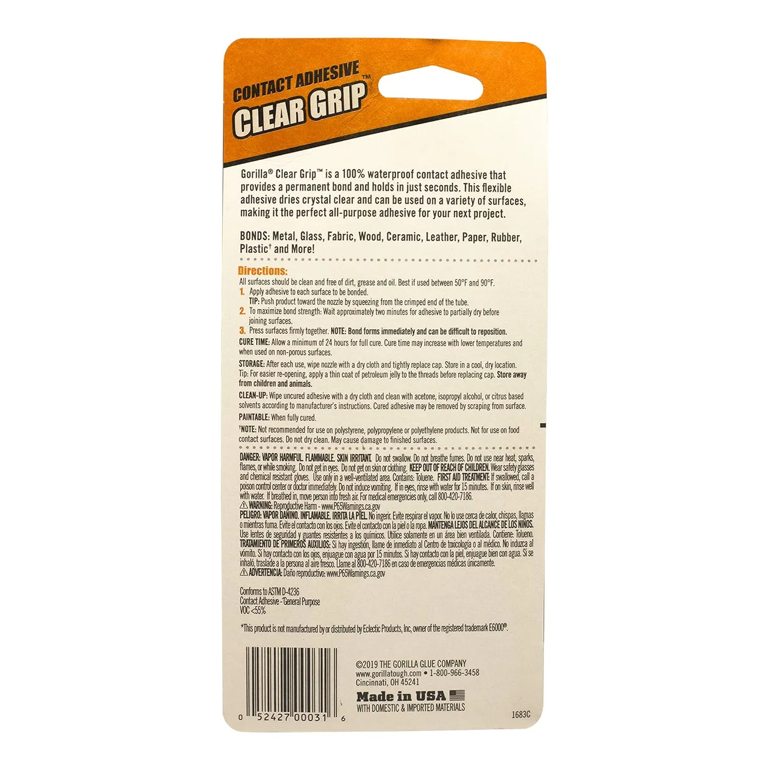 Gorilla Clear Grip - Fast Setting Contact Adhesive - Waterproof, Paintable Clear Glue for Indoor or Outdoor Application - Heavy Duty Shoe Repair Glue for Leather, Ceramics, Wood - 88ml/3oz (Pack of 1)