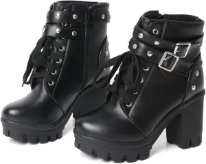 Goth Boots Chunky Heel Boot For Women Ankle Combat Booties Black Platform Bootie Buckle Rivets Punk Goth Shoes With Zipper