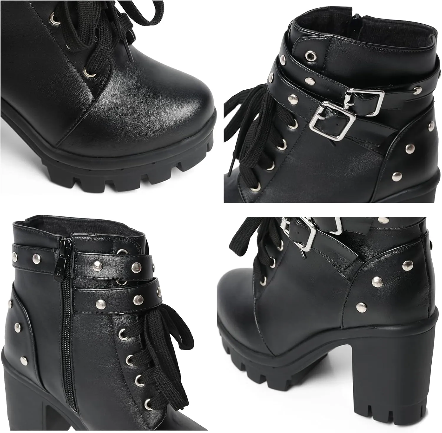 Goth Boots Chunky Heel Boot For Women Ankle Combat Booties Black Platform Bootie Buckle Rivets Punk Goth Shoes With Zipper