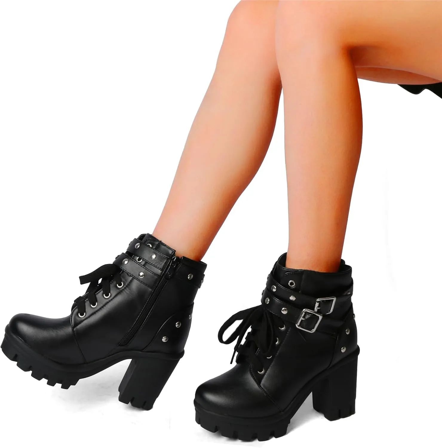 Goth Boots Chunky Heel Boot For Women Ankle Combat Booties Black Platform Bootie Buckle Rivets Punk Goth Shoes With Zipper