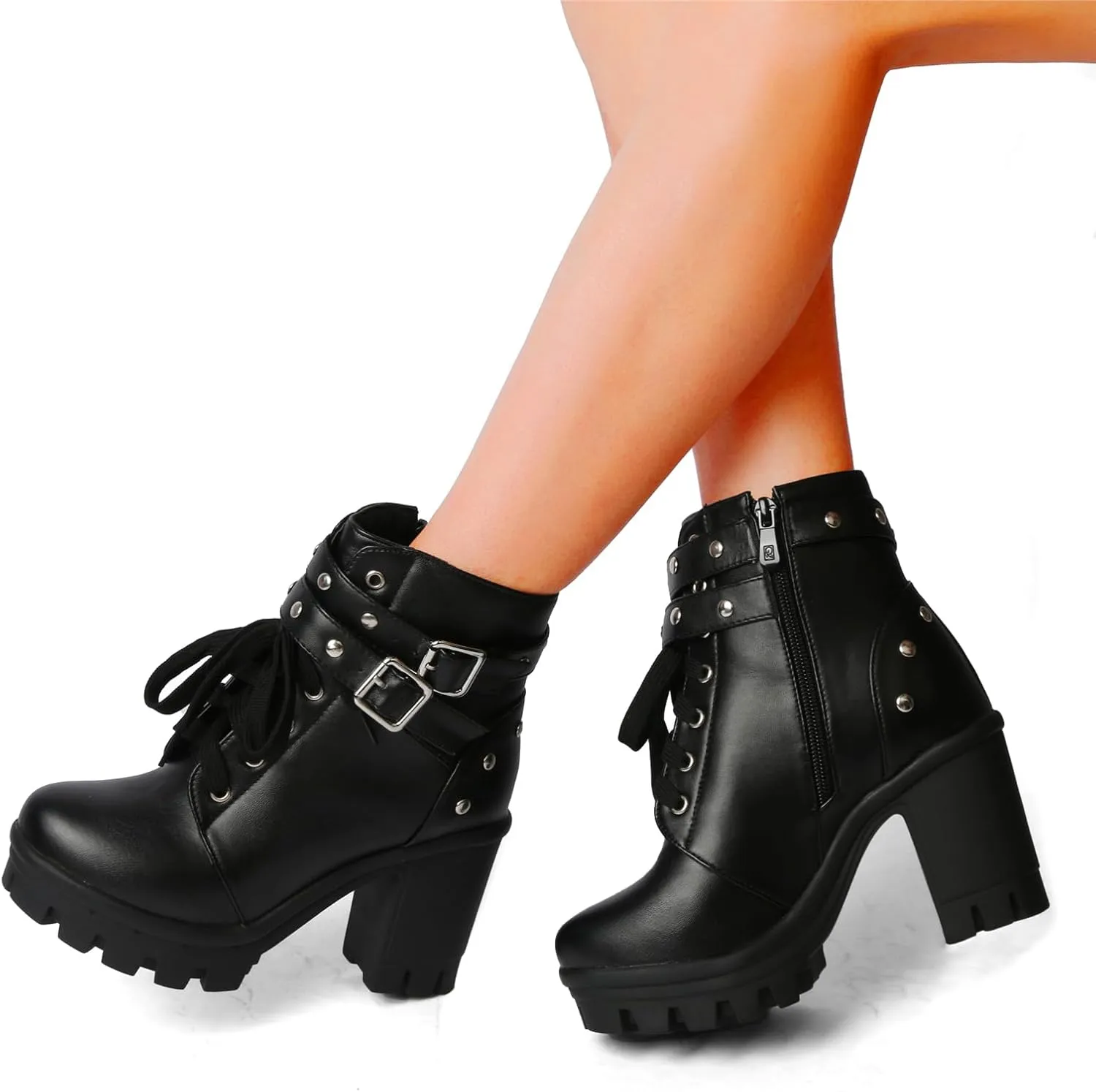 Goth Boots Chunky Heel Boot For Women Ankle Combat Booties Black Platform Bootie Buckle Rivets Punk Goth Shoes With Zipper