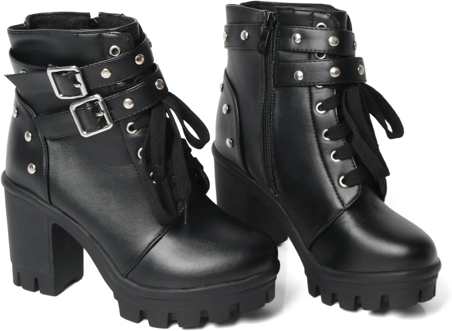 Goth Boots Chunky Heel Boot For Women Ankle Combat Booties Black Platform Bootie Buckle Rivets Punk Goth Shoes With Zipper