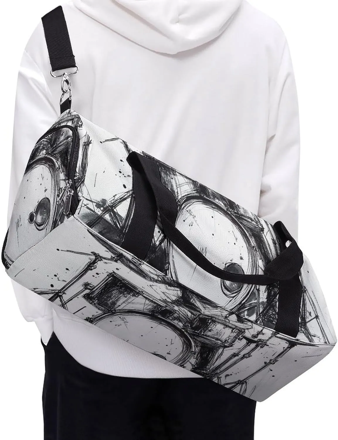 Graffiti Sketch Style Drummer Music Fitness Large Gym Bag for Unisex with Shoe Compartment & Wet Pocket