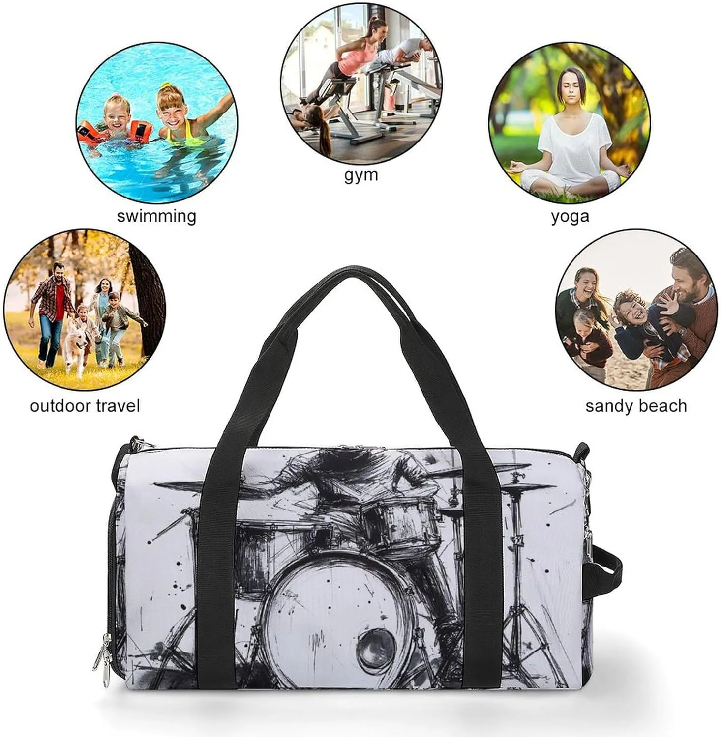 Graffiti Sketch Style Drummer Music Fitness Large Gym Bag for Unisex with Shoe Compartment & Wet Pocket
