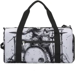 Graffiti Sketch Style Drummer Music Fitness Large Gym Bag for Unisex with Shoe Compartment & Wet Pocket