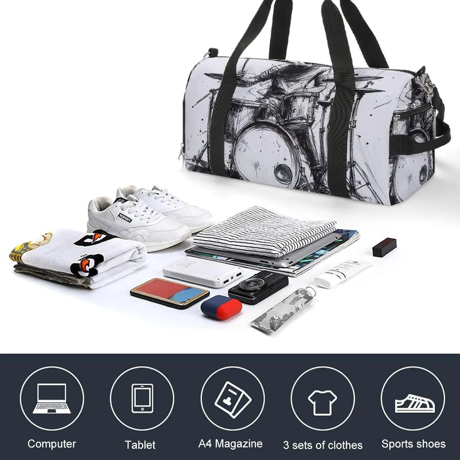 Graffiti Sketch Style Drummer Music Fitness Large Gym Bag for Unisex with Shoe Compartment & Wet Pocket